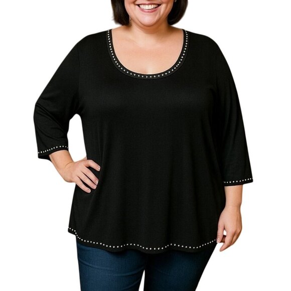 Premise Studio Studded Neckline Hem & 3/4 Sleeve Black Top Size 0X - Picture 1 of 7
